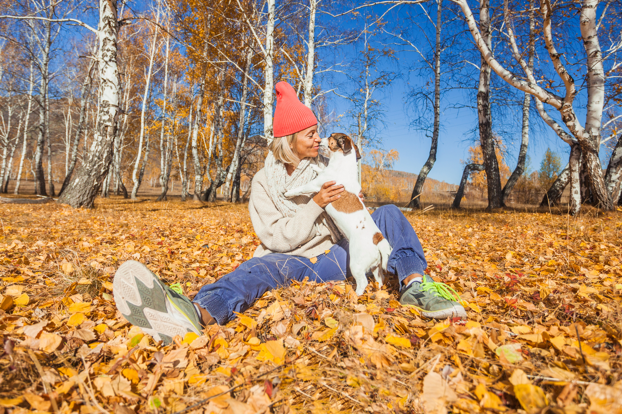 Woman with a winter hat on sitting in yellow leaves holding her little white and brown dog.