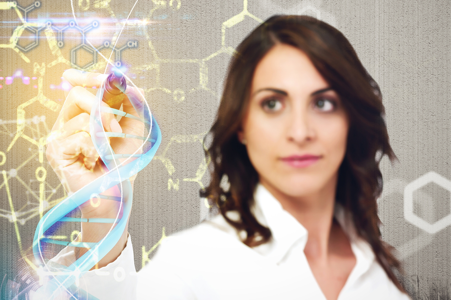 a female scientist showing naturally occuring molecules