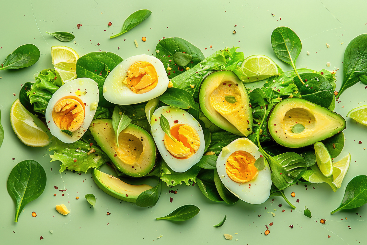 sliced avocado, boiled eggs, and spinach leaves