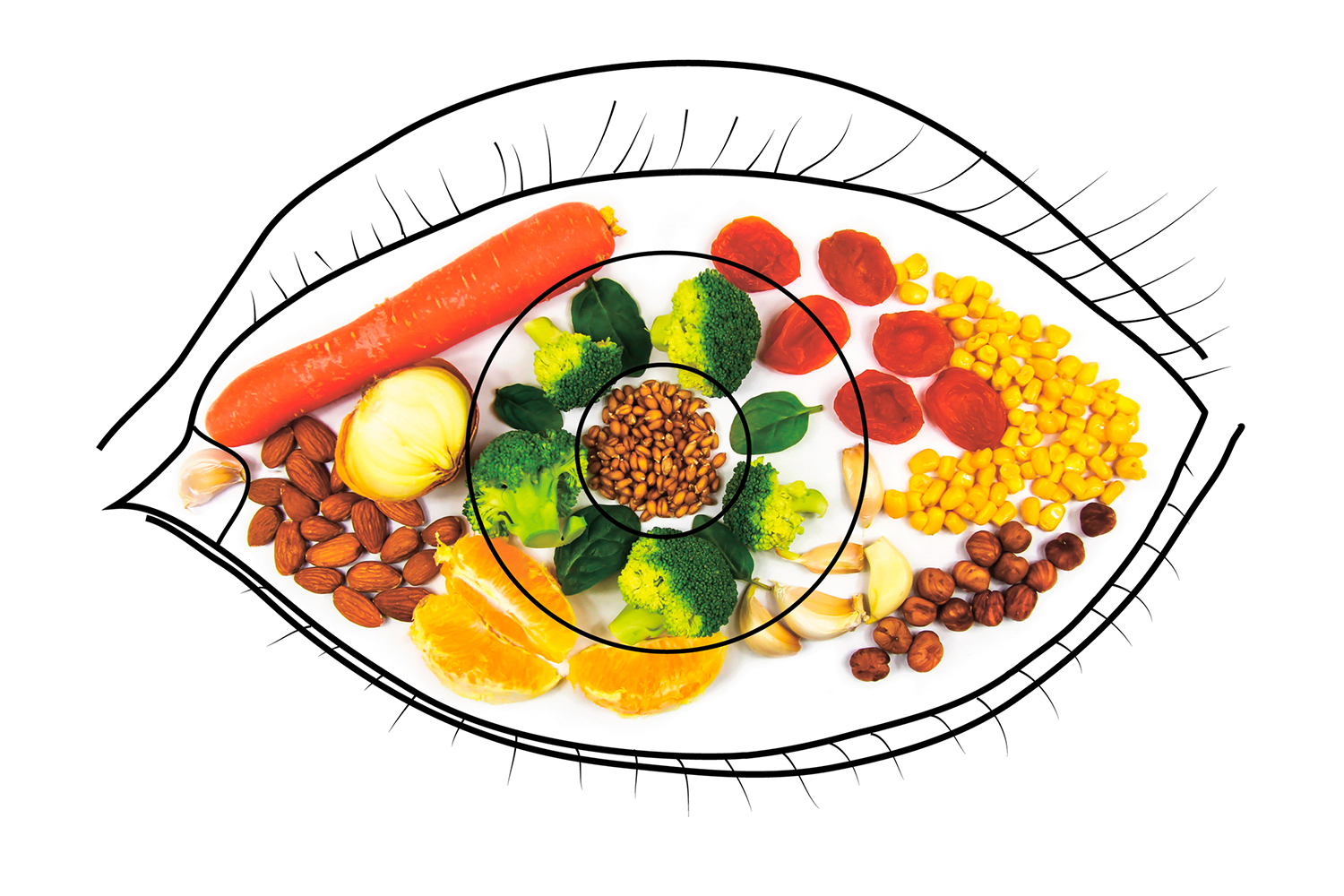 a diagram of an eye with foods for healthy vision