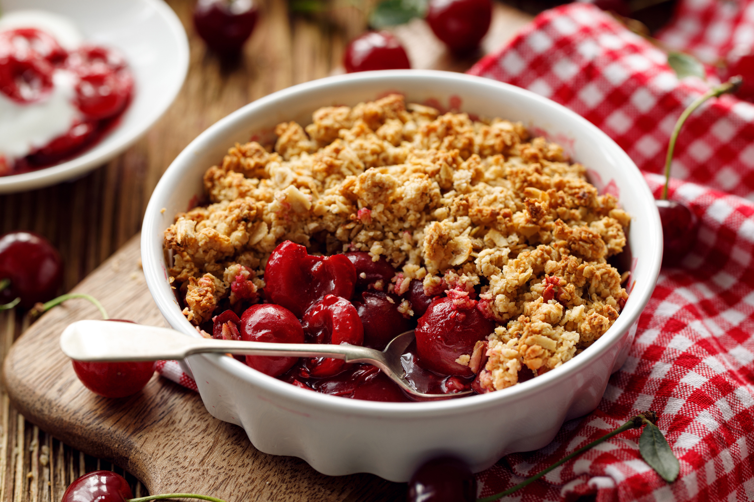 a bowl of no-bake cherry crumble