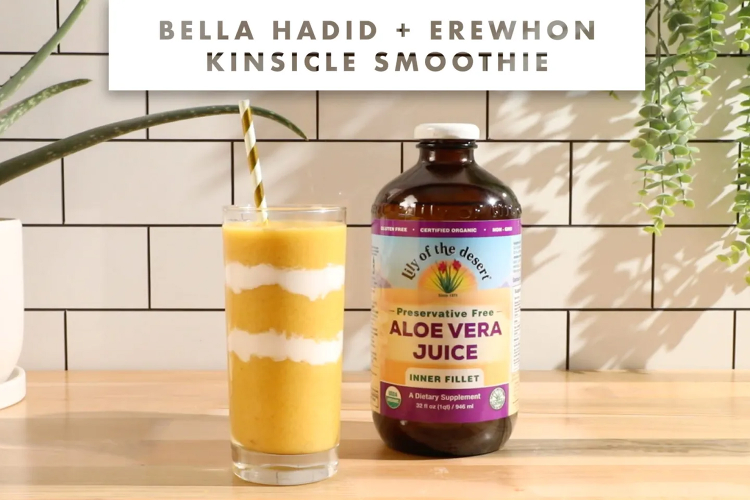 a smoothie and a bottle of aloe vera juice