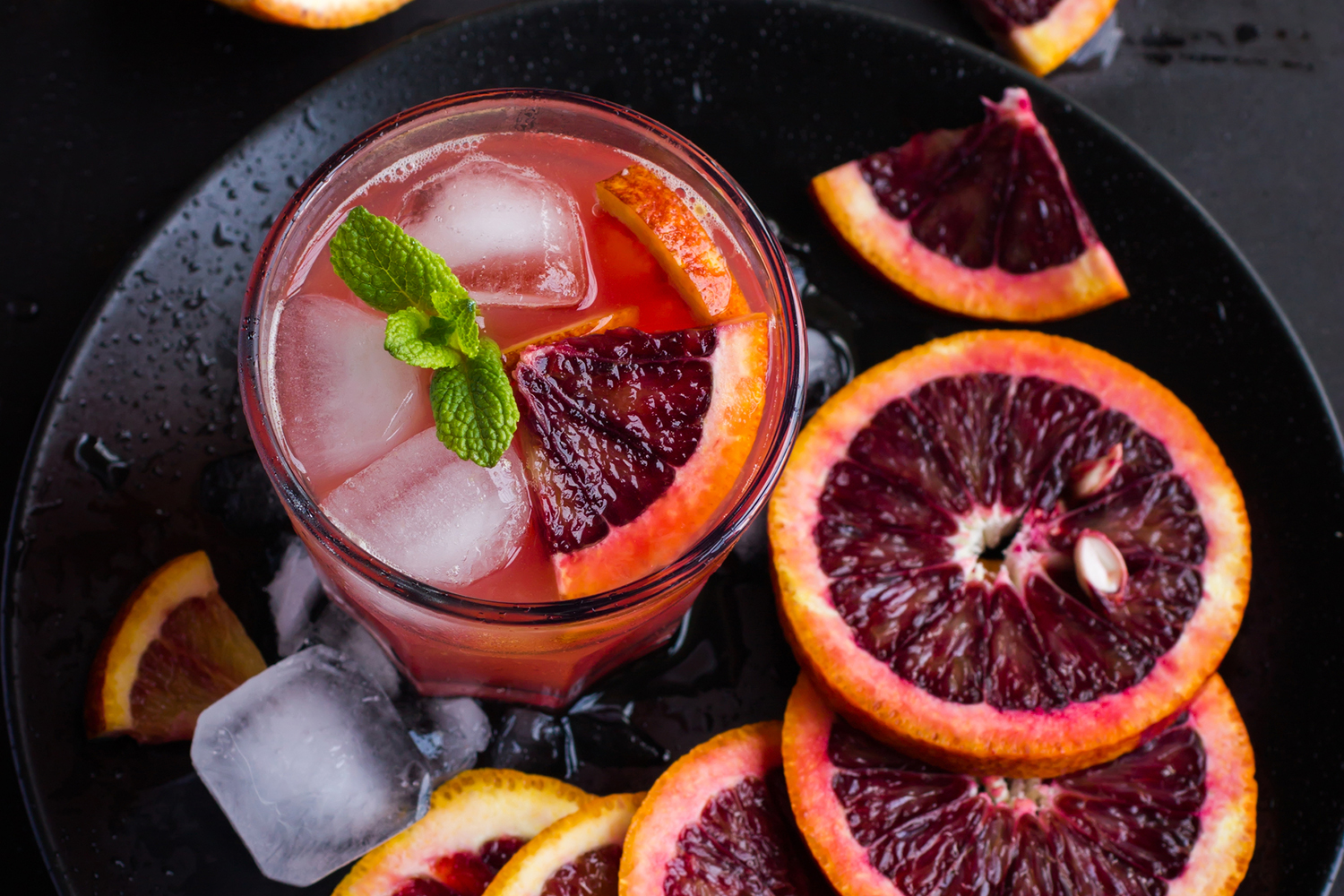 a non-alcholic mocktail made with blood oranges