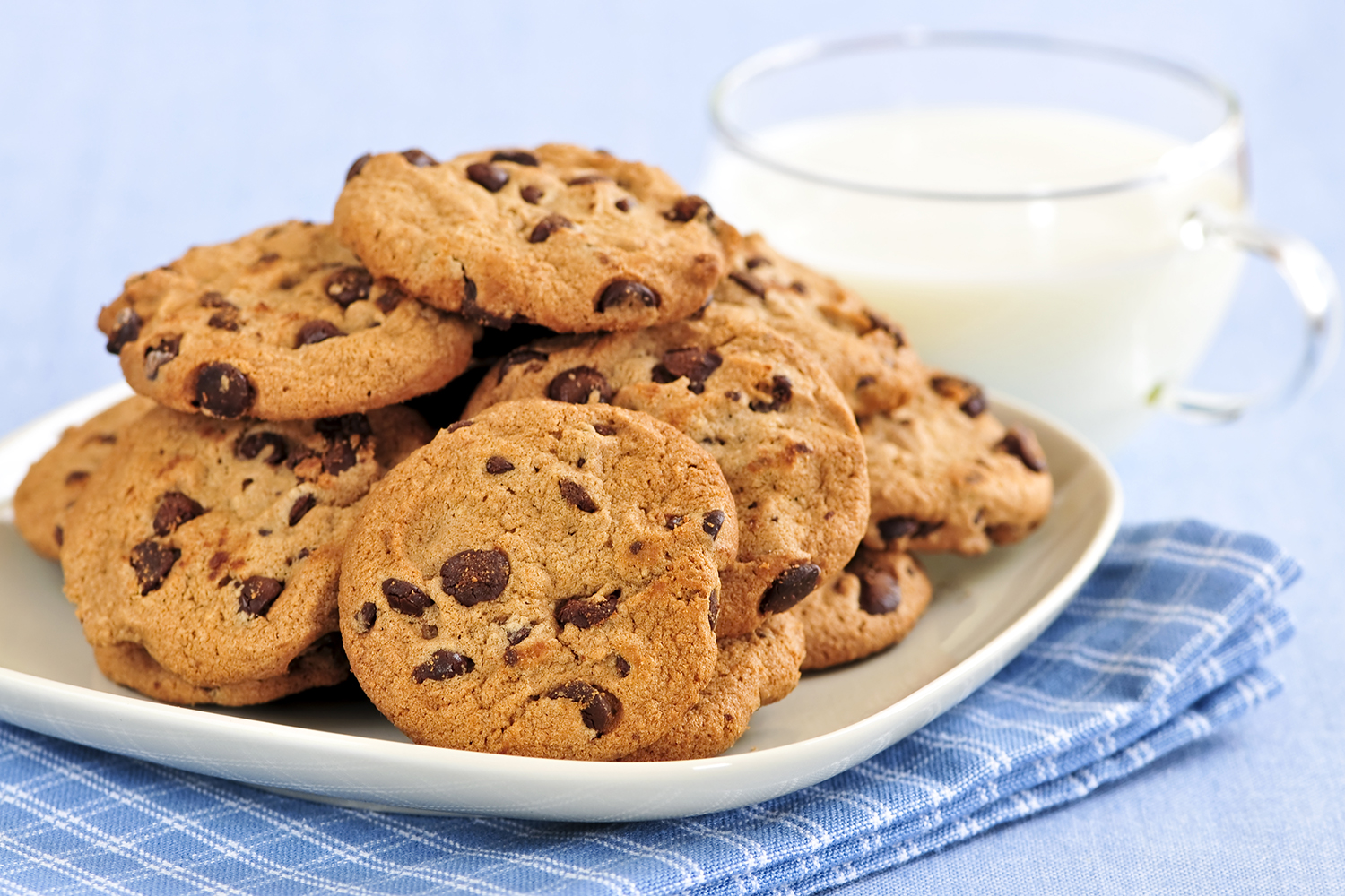 chocolate chip cookies and a cup of milk