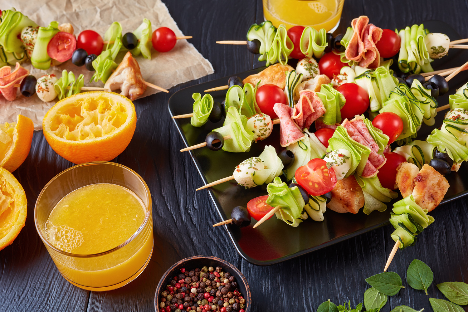 antipasto skewers with a wide variety of ingredients