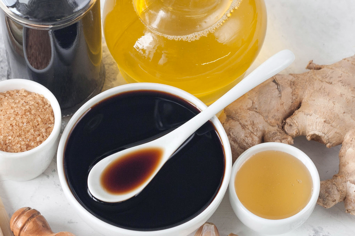 soy sauce, oil, ginger, honey, and sesame seeds