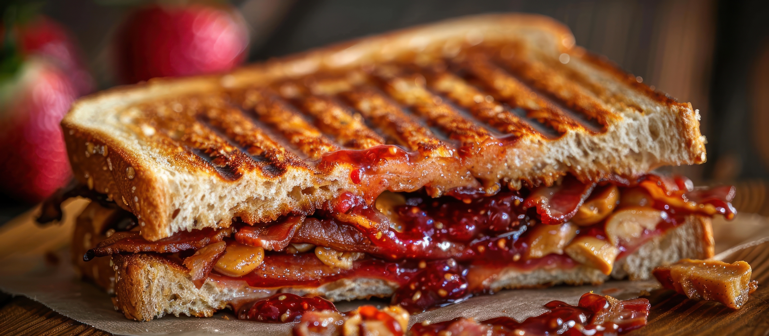 Half of a grilled peanut butter and jelly sandwich. 