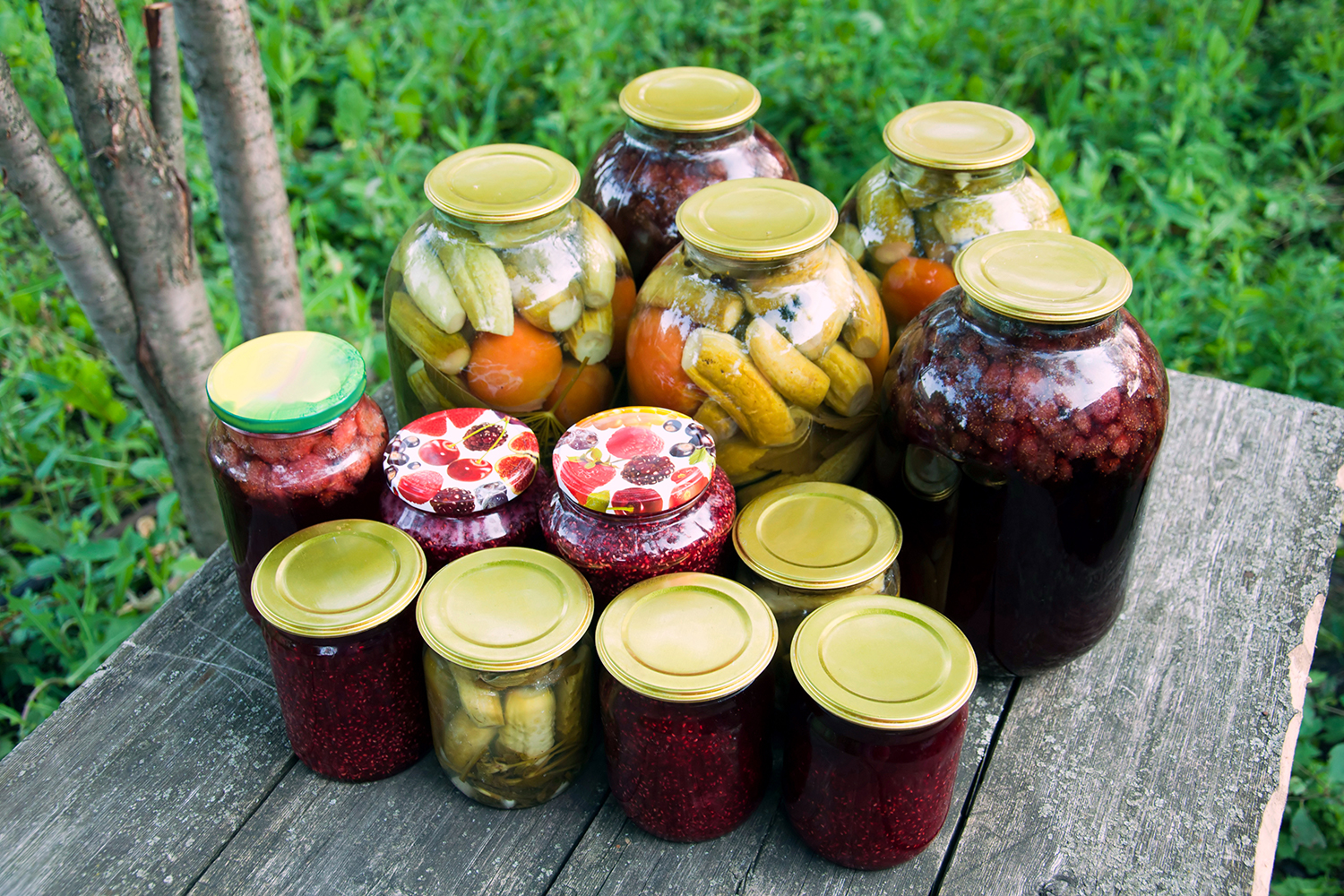 Canned foods on a rustic wooden table