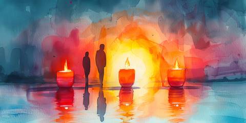 watercolor figures passing by candles on the water