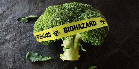 A broccoli floret wrapped in biohazard tape