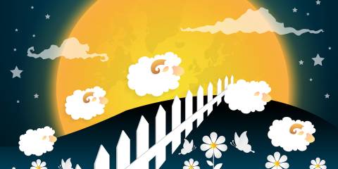 Cartoon of sheep jumping over a fence with the moon in background.