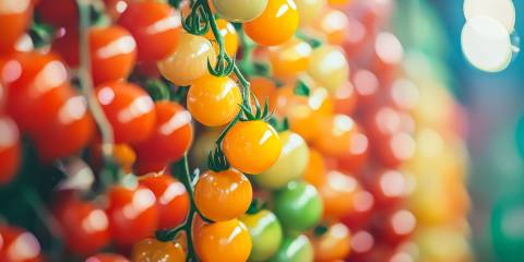 bunches of multicolored tomatoes growing on the vine