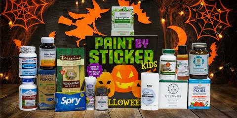 a variety of all-natural supplements and a sticker pack for halloween