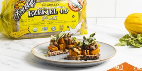 autumn bruschetta on a plate and Food for Life Ezekiel 4:9 Flax bread in the background