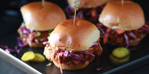 Turkey Lentil Sloppy Joes with Quick Cabbage Slaw on a black & silver serving tray.