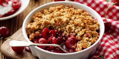 a bowl of no-bake cherry crumble
