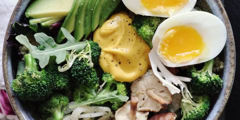 A nutritious power bowl with a dollop of homemade dressing