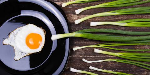 a fried egg and chives laid out to resemble an egg being fertilized