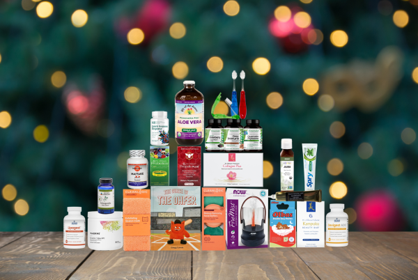 assortment of supplements, body care products, childrens book and more