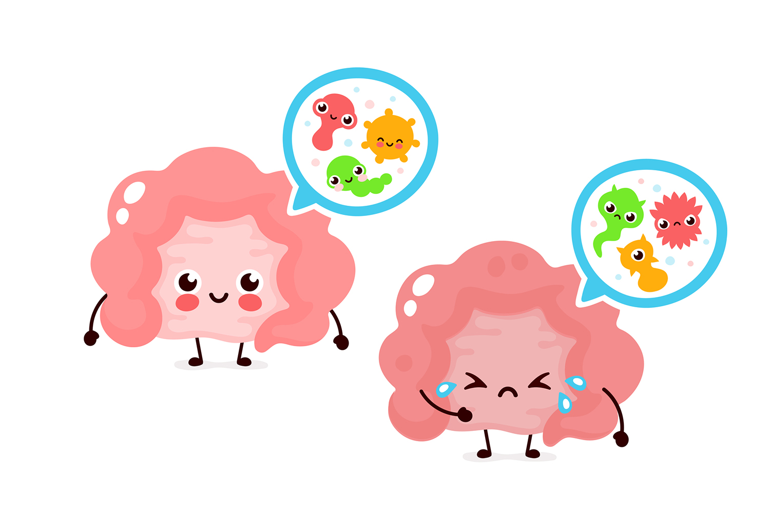 cartoons of a happy intestine and a sad one